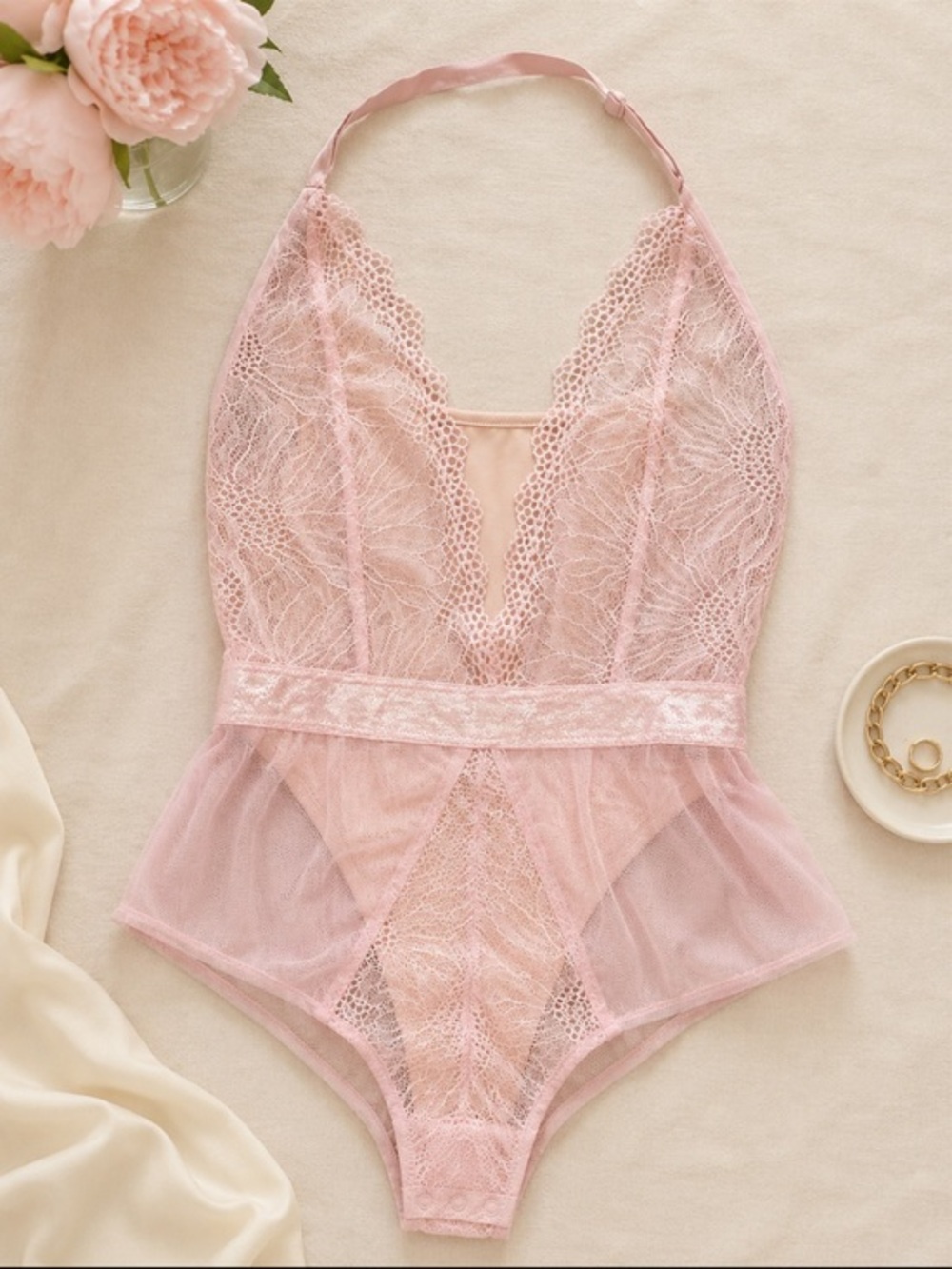 Frederick’s of Hollywood Pink Floral Lace Halter Bodysuit Teddy Size S